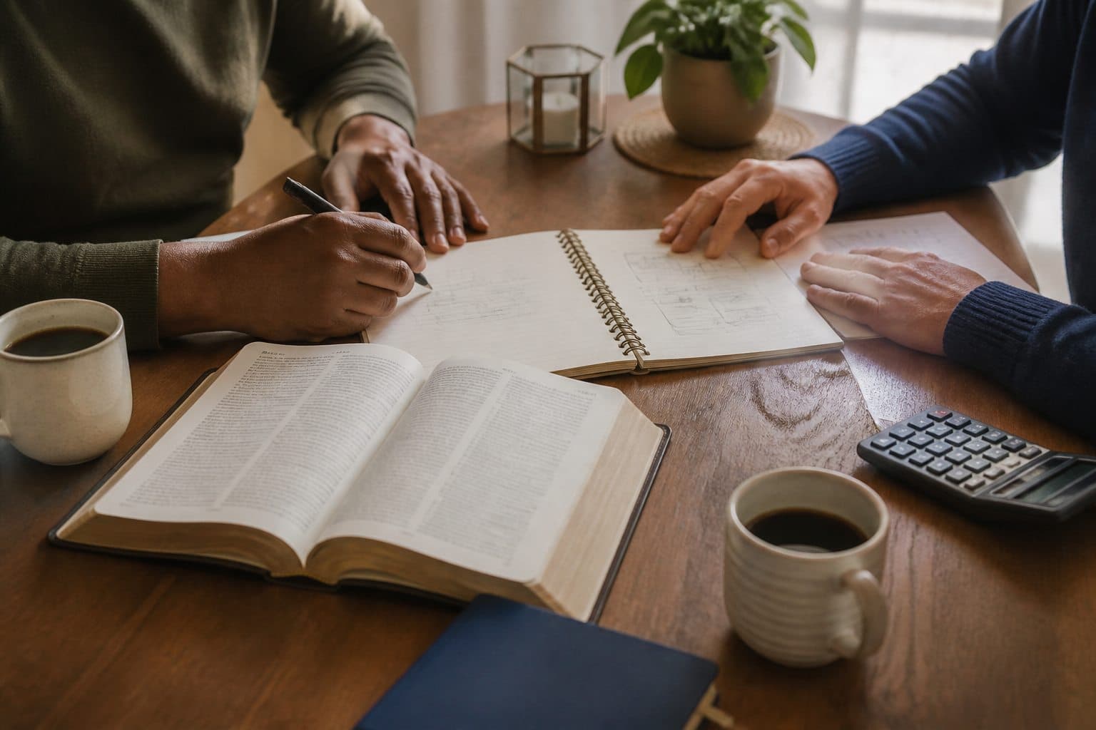 Casal planejando em um caderno ao lado de uma Bíblia aberta