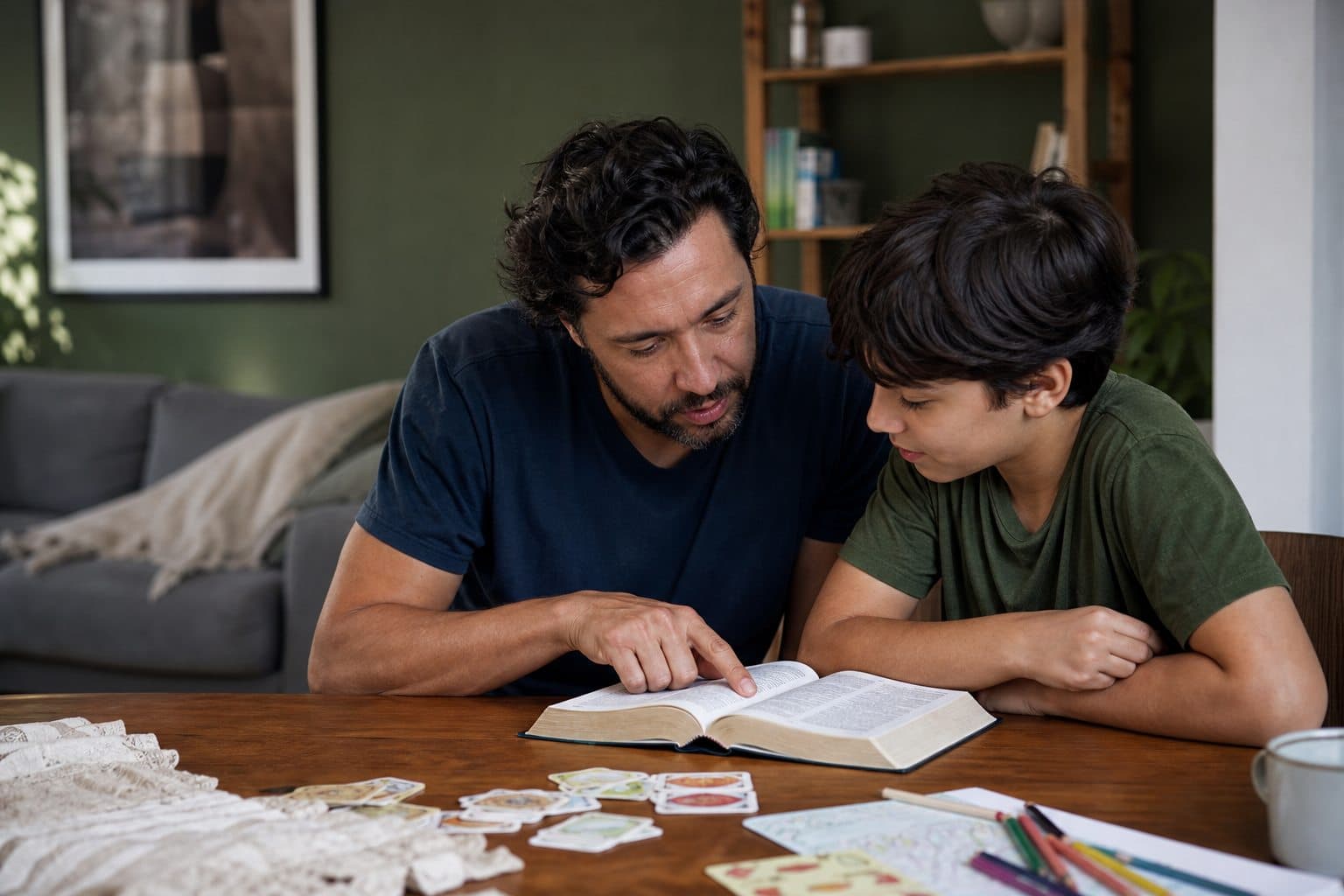 Pai e filho lendo a Bíblia durante uma atividade em família