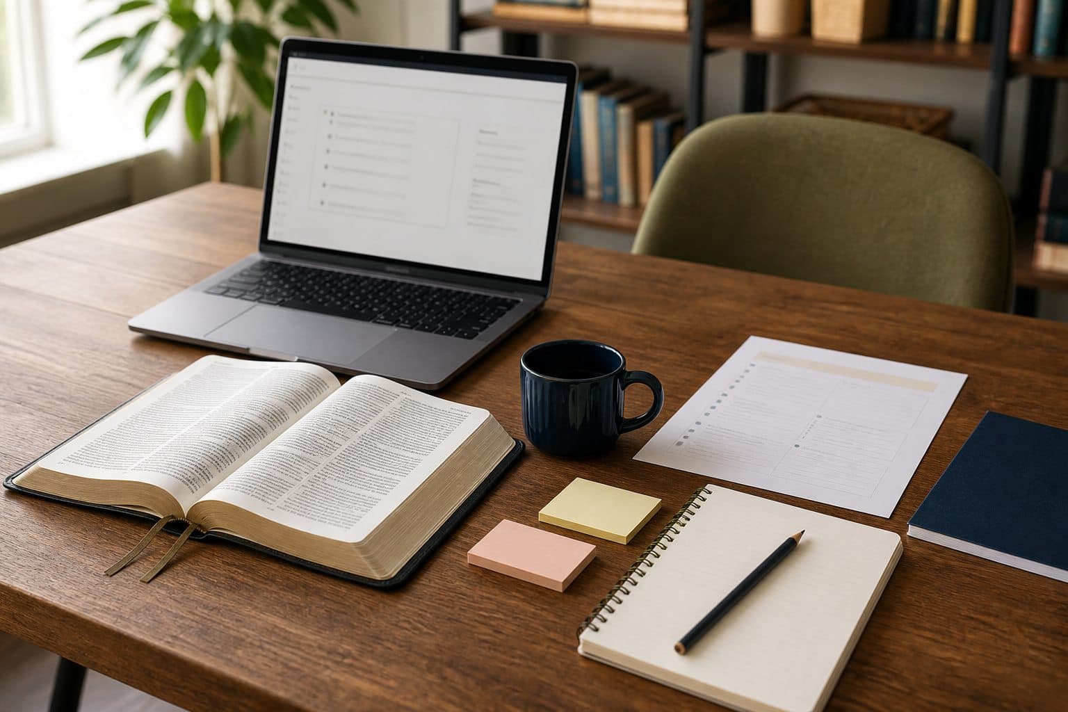 Mesa preparada para liderança com Bíblia, laptop, roteiro e caderno