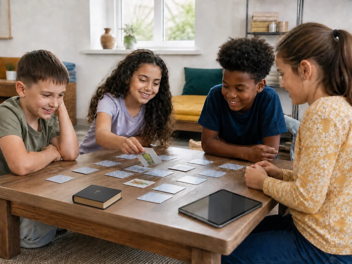 Crianças relacionando cartas em uma mesa com Bíblia e tablet