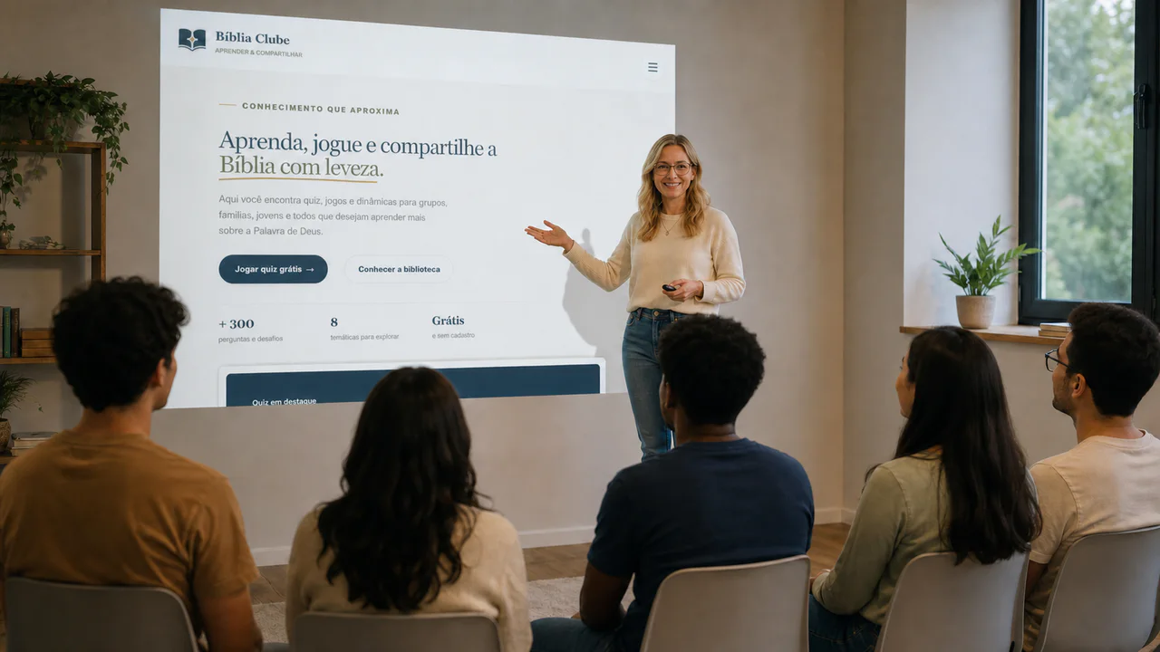 Apresentadora mostrando o Bíblia Clube para um grupo de jovens