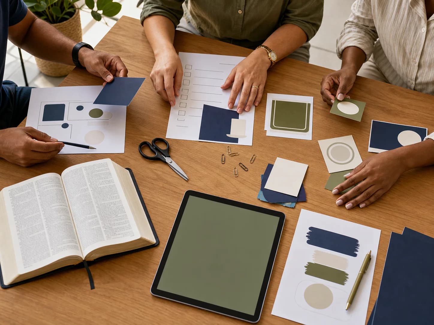 Pessoas organizando materiais impressos, Bíblia e tablet para um encontro