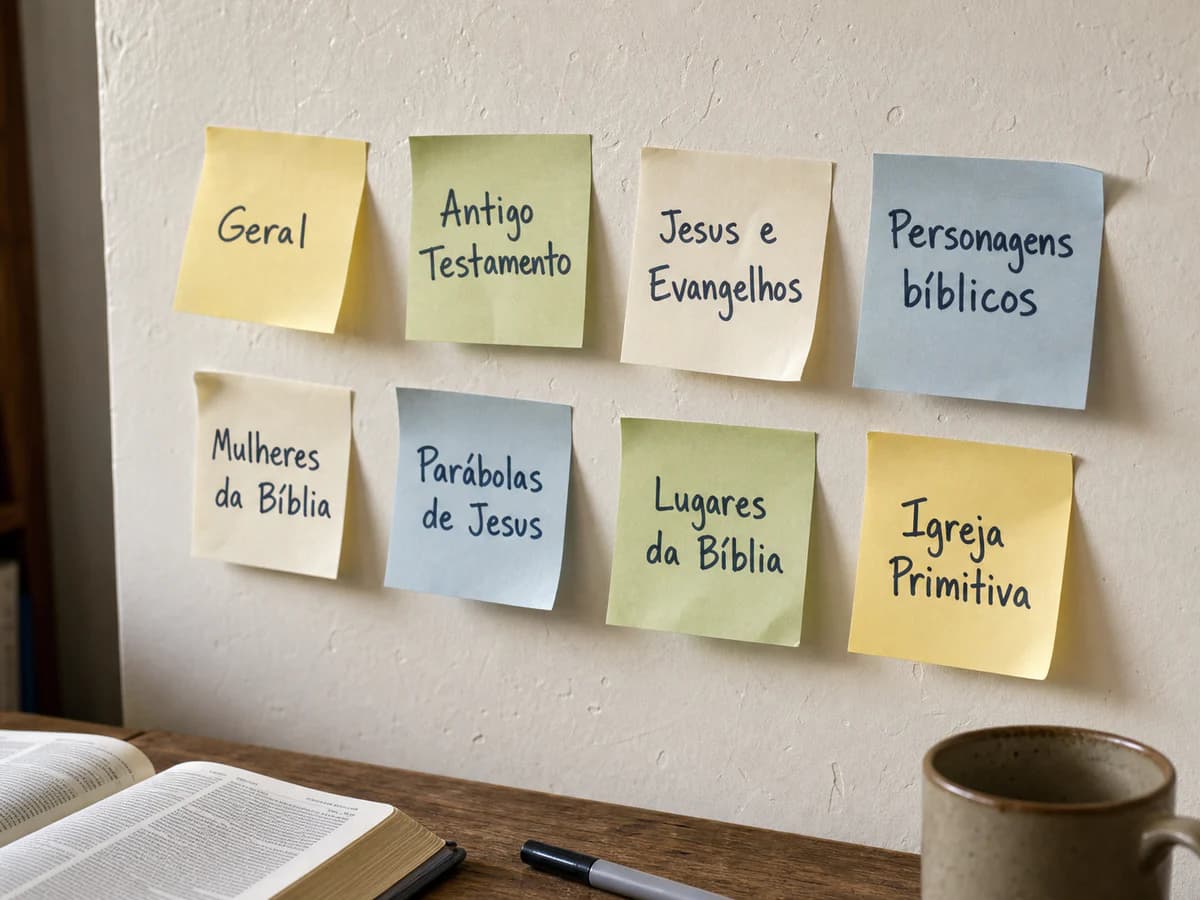 Post-its escritos à mão com os oito temas dos desafios bíblicos