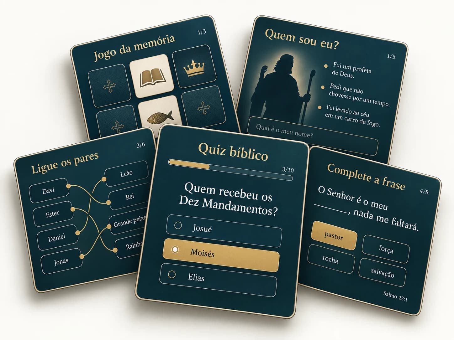 Cinco jogos bíblicos ilustrados como cartas sobrepostas: quiz, memória, ligue os pares, complete a frase e Quem sou eu?